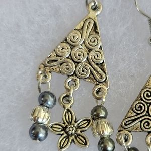FLOWER BEADED BOHO SILVER ETCHED 925SILVER  EARRINGS BLOWOUT SALE